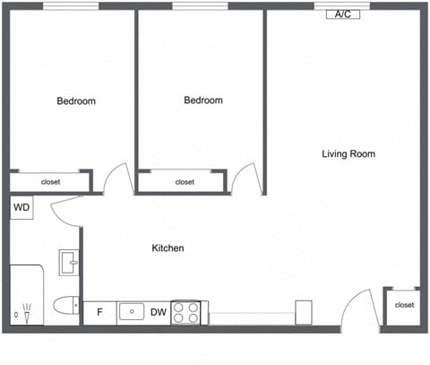 Floor plan for 2 beds, 1 bath, 950 sqft